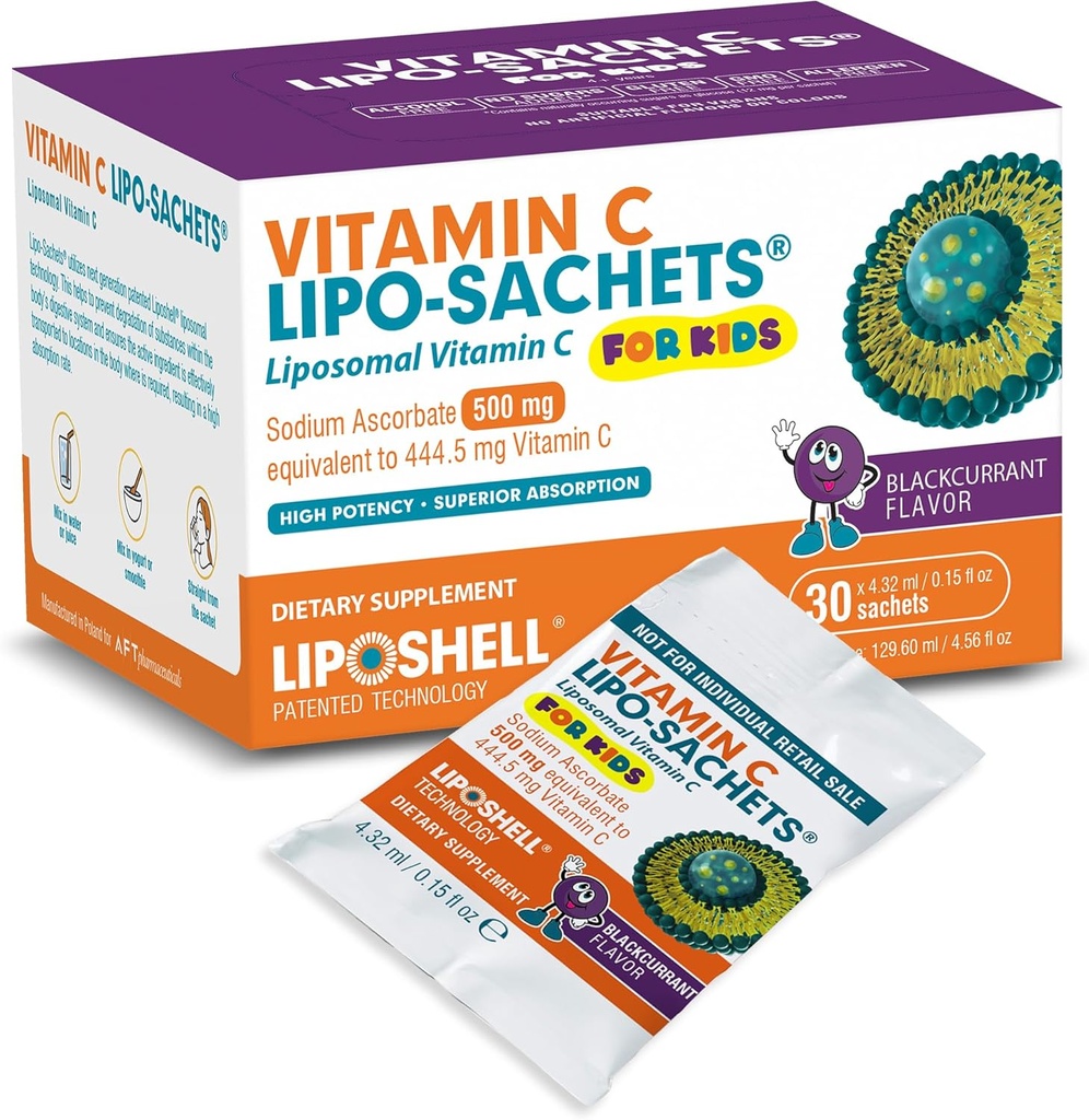 Lipo-Sachets Kids Liposomal Vitamin C - 500mg Per Serving for Children's Immune Support - Blackcurant Flavour Vitamin C for Kids - Υψηλή απορρόφηση, Χωρίς προστιθέμενη ζάχαρη - 30 συσκευασίες