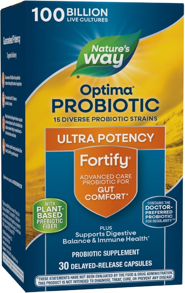 Οχυρώστε το Optima Probiotic για ενήλικες, 100 Billion Live Cultures, 15 Strains, Supports Digestive and Immune Health*, Plant-based Prebiotic Fiber, 30 Κάψουλες (Packaging May Vary)