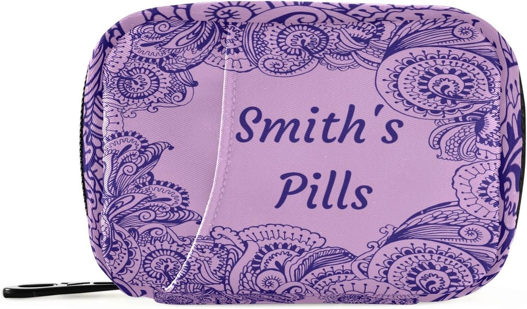 Custom Pill Box 7 Day Pill Τσάντα Υπόθεση Purple Floral Paisley Εξατομικευμένο όνομα Τσάντα Organizer Ταξιδιών Χάπια με Zipper Φορητή Εβδομαδιαία Θήκη Συμπαγές μέγεθος για τον κάτοχο συμπλήρωμα βιταμίνης