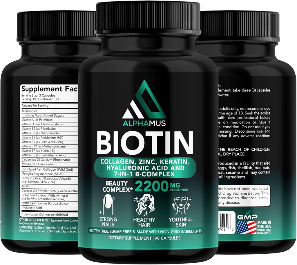 Βιοτίνη και Collagen Συμπληρώματα με κερατίνη - Biotin 5000mcg Κάψουλες για την ανάπτυξη των μαλλιών, υγιές δέρμα & νύχια - Βελτιστοποιημένη ανάμειξη του Hyaluronic Acid & Vitamin-B Complex για γυναίκες & άνδρες, 90 κάψουλες