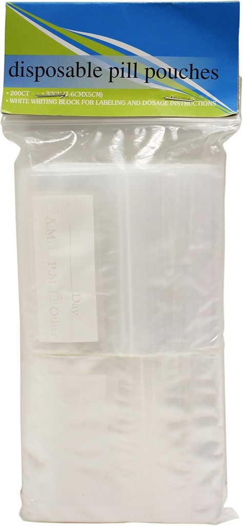 Set of 200 Disposable Zipper Lock Plastic Pill Bags 3" x 2" With White Writing Block Area for Easy Labeling