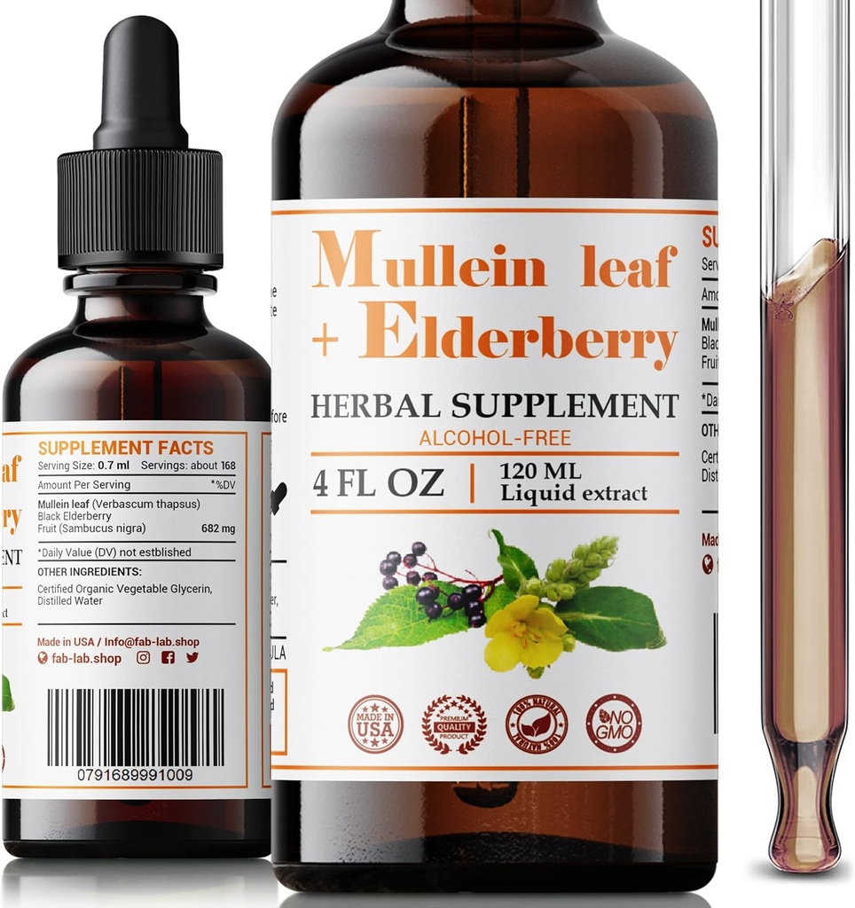 FabLab Mullein Leaf Extract with Elderberry 4 Fl Oz - Made in USA - Drops for Better Lung - Mullein Tincture for Lung Detox - Bronchial Cleanse for Smokers - Συμπληρώματα για το αναπνευστικό