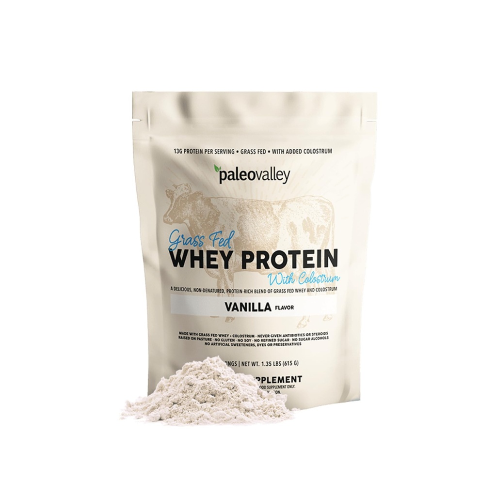 Paleovalley 100% Grassfed Whey Protein Powder με Colostrum, 13g πρωτεΐνη, βανίλια, οικοδόμηση μυών, ανοσοποιητική υποστήριξη, υγεία των ούρων