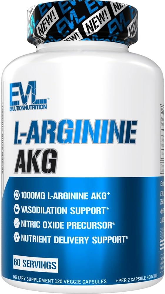 Evlution L-Arginine AKG - Αγγειοδιαστολή & Θρεπτική Υποστήριξη Παράδοσης - Nitric Oxide Precursor - 1000mg L-Arginine AKG - Χωρίς γλουτένη & μη-GMO - Συμπλήρωμα διατροφής - 60 Σερβιέτες - 120 κάψουλες λαχανικών