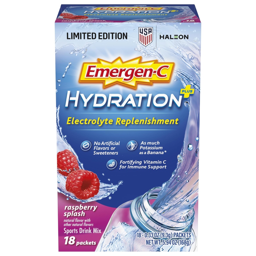 Emergen-C Hydration+ Sports Drink Mix with Vitamin C (18 Count, Raspberry Flavor), Electrolyte Replenishment, 0.33 Ounce Packets σκόνης