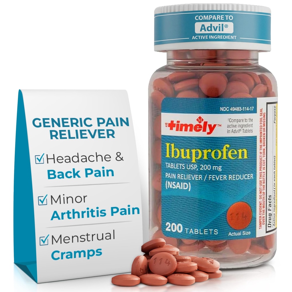 Εργαστήρια Time-Cap, INC. Timely Ibuprofen 200mg 200 δισκία - (ΜΣΑΦ) Χάπια ανακούφισης του πόνου για τον πονοκέφαλο, τον έμμηνο πόνο, τους πόνους των δοντιών, τον πόνο των μυών, τον πόνο της αρθρίτιδας, τους πόνους του σώματος