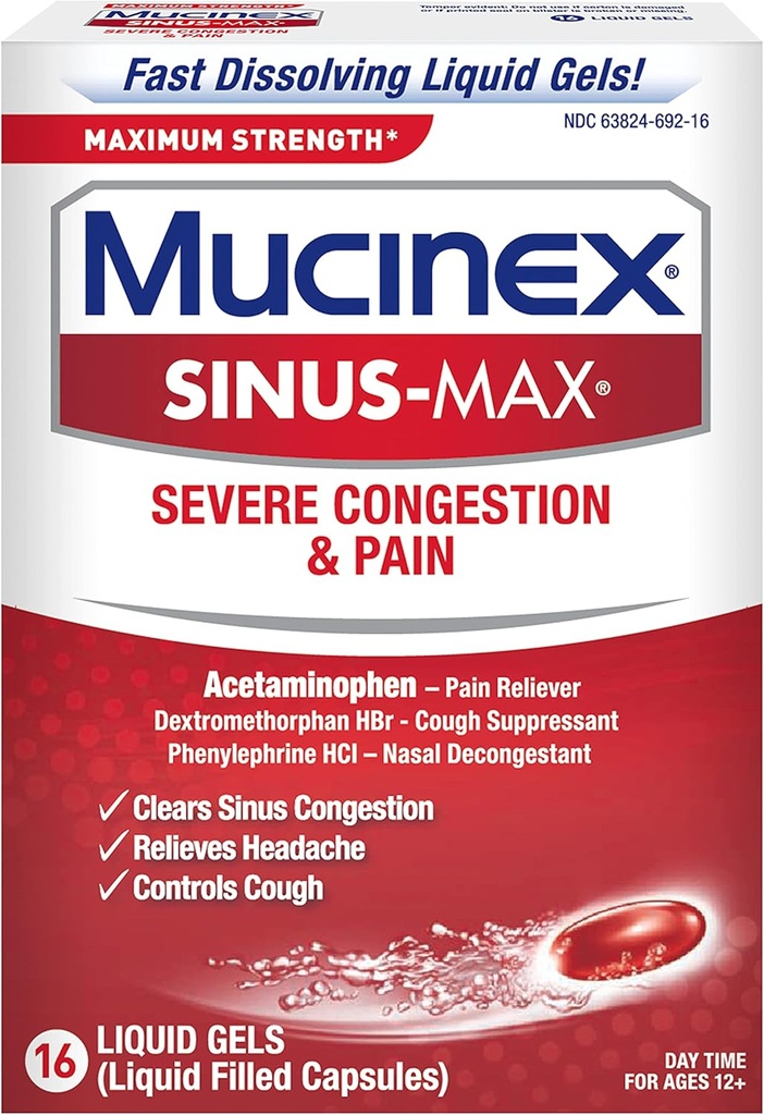 Mucinex Sinus-Max Μέγιστη Δύναμη Σοβαρή Συμφόρηση & Υγρό Πόνος Gels, 16ct