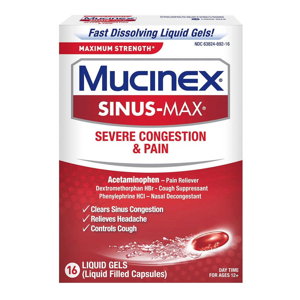 Mucinex Sinus-Max Μέγιστη Δύναμη Σοβαρή Συμφόρηση & Υγρό Πόνος Gels, 16ct
