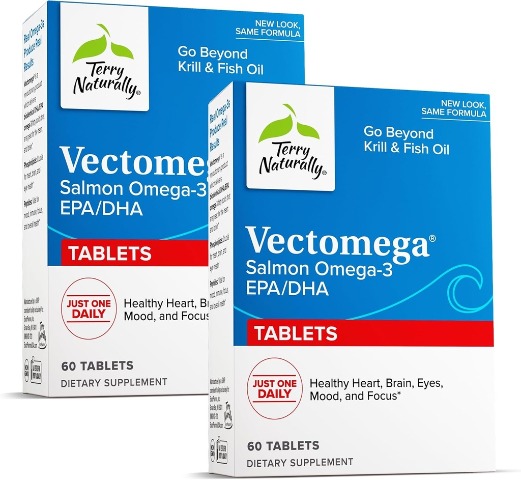 Terry Φυσικά Vectomega - Συμπλήρωμα με EPA & DHA - Ωμέγα-3 δισκία για την υποστήριξη του εγκεφάλου και της καρδιάς - Συμπλήρωμα διατροφής με Απαραίτητα Λιπαρά Οξέα & Πεπτίδια - 60 δισκία (πακέτο του 2)