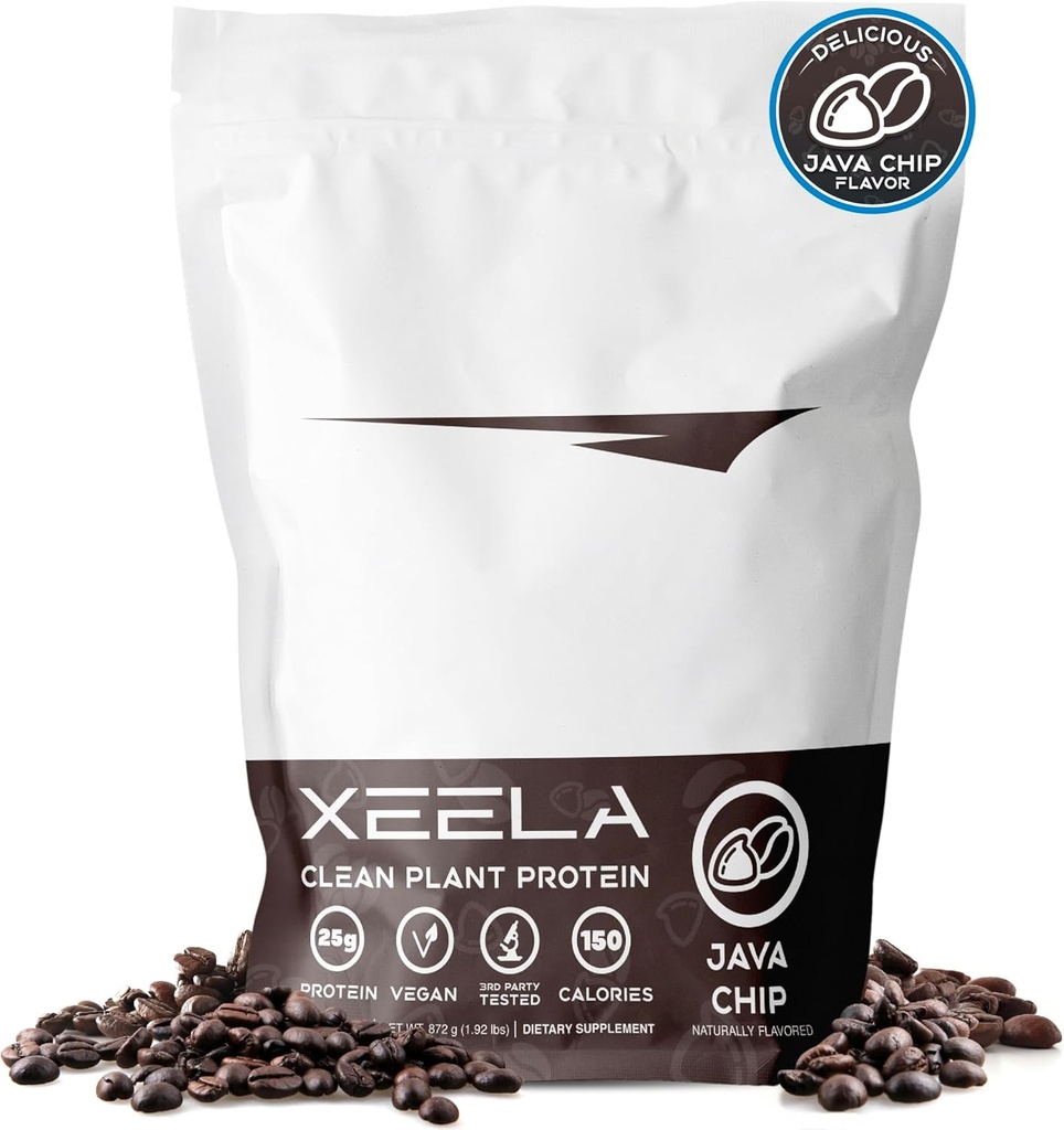 XEELA Vegan Protein Powder - Independently Tested - 25g Υψηλής Πρωτεΐνης, Πρωτεΐνης Μπύρας για Άνδρες & Γυναίκες - Βιταμίνες & Ορυκτά, Μη ΓΤΟ, Γαλακτοκομικά & Χωρίς Γλουτένη, Χαμηλό Καρμπόν & Χαμηλό Fat (Java Chip)