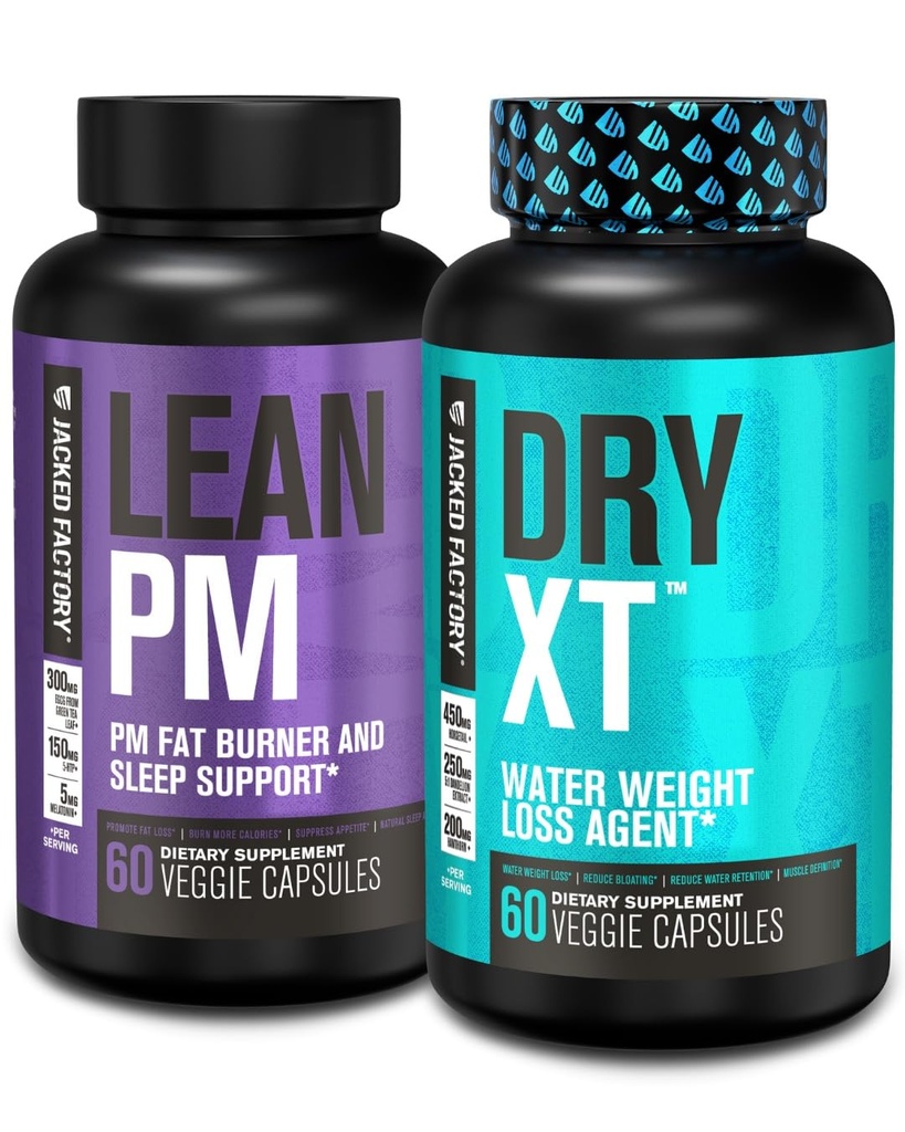 Jacked Factory Lean PM Night Time Fat Burner, Sleep Aid Supplement, & Appetite Suppressant (60 Capsules) & Dry-XT Water Weight Loss Diurectic Pills (60 Capsules)
