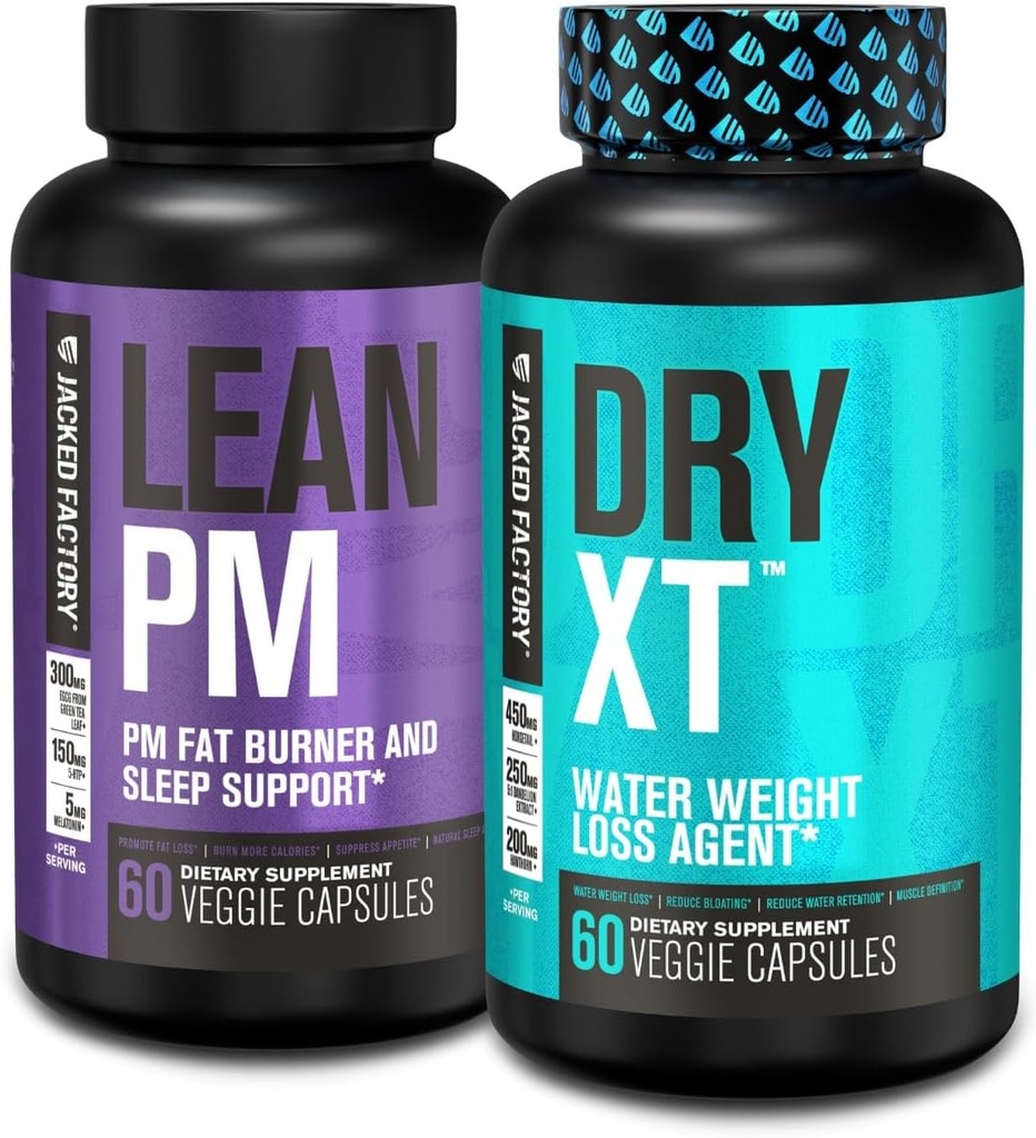 Jacked Factory Lean PM Night Time Fat Burner, Sleep Aid Suppressant, & Opetite Suppressant (60 κάψουλες) & Dry-XT Απώλεια βάρους νερού Διουρητικά χάπια (60 κάψουλες)
