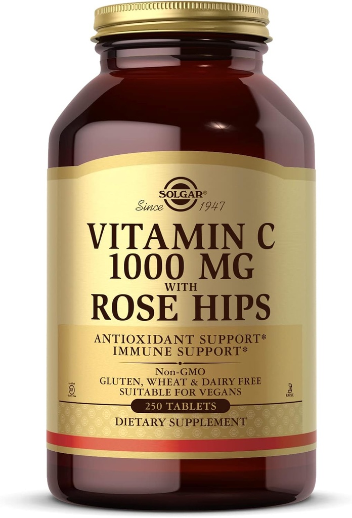 Solgar Vitamin C 1000 mg with Rose Hips, 250 Tablets - Antioxidant & Immune Support - Overall Health - Supports Healthy Skin & Joints - Non GMO, Vegan, Gluten Free, Dairy Free, Kosher - 250 Servings