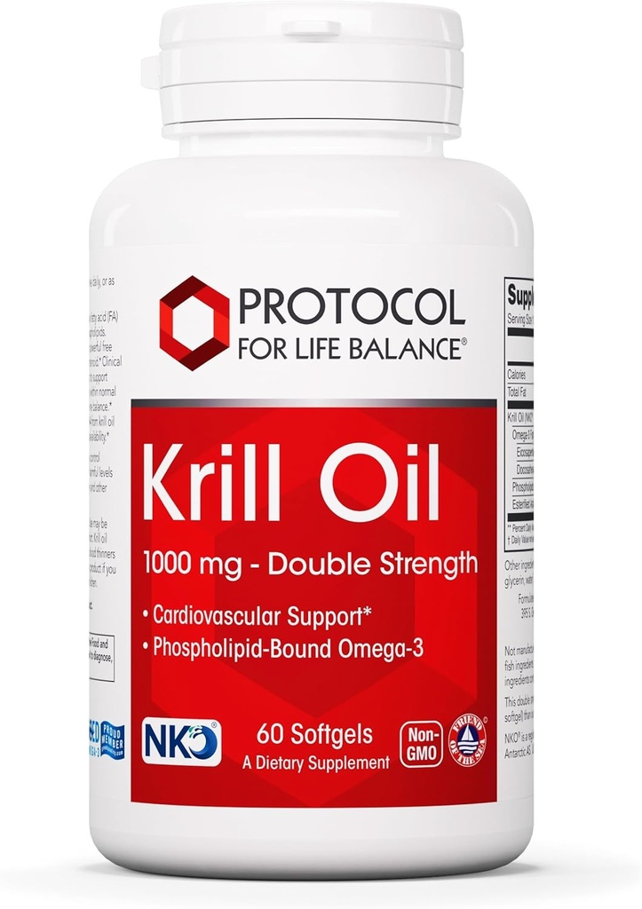 PROTOCOL FOR LIFE BALANCE Krill Oil 1,000mg - Extra Strength Krill Oil Supplement - DHA & EPA - with Astaxanthin - Support Heart, Brain, Joints - Non-GMO & Halal - 60 Softgels