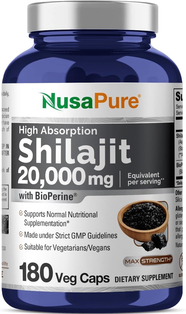 NusaPure Shilajit 20.000mg ανά Σερβίρισμα, 180 Veggie Caps, Μη ΓΤΟ, Χωρίς γλουτένη, Βιοπερίνη