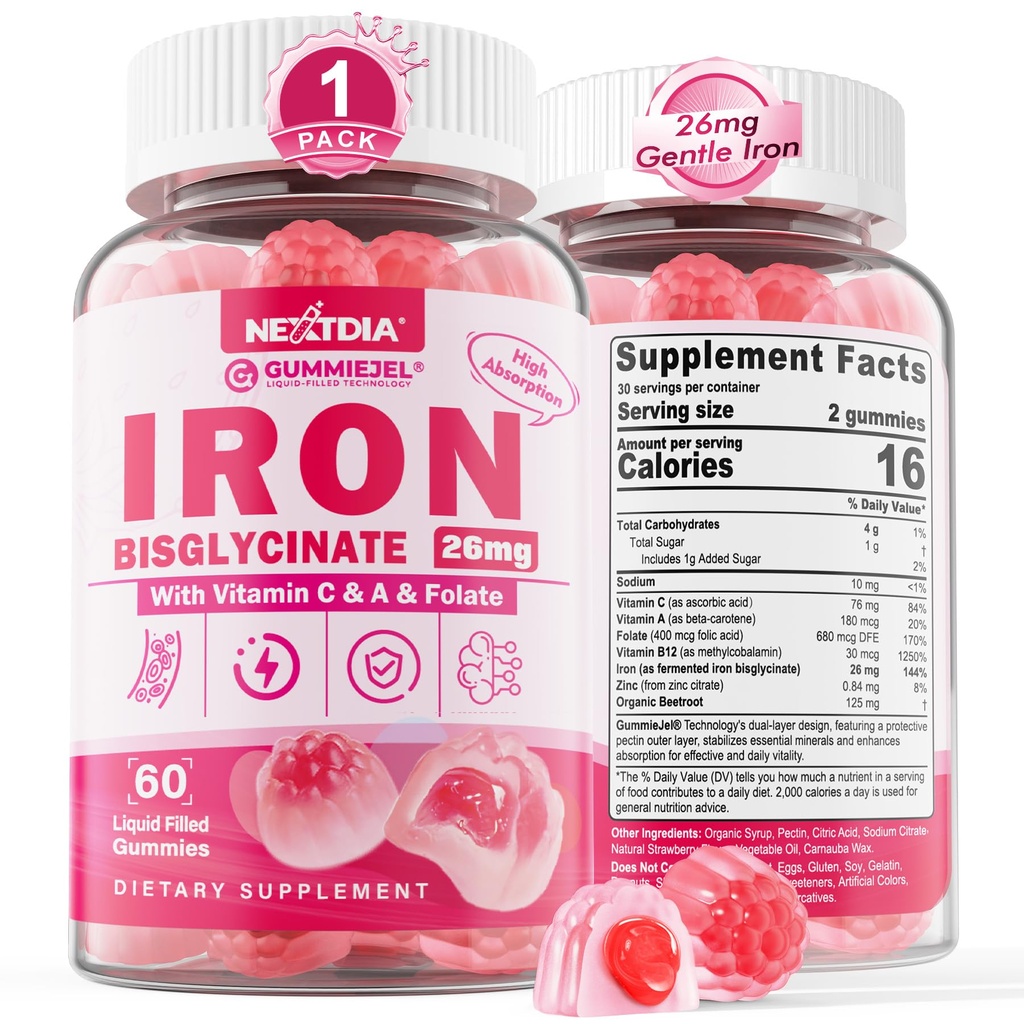 Iron Gummies for Women & Men - Διγλυκινικός σίδηρος με φολικό βιταμίνης C B12 Ψευδάργυρος για ενήλικες, μασώμενος ευγενής σίδηρος για έλλειψη σιδήρου, ενίσχυση ενέργειας, μη-συντηρητικός & μετά τη γεύση, χωρίς ζάχαρη 1 συσκευασία