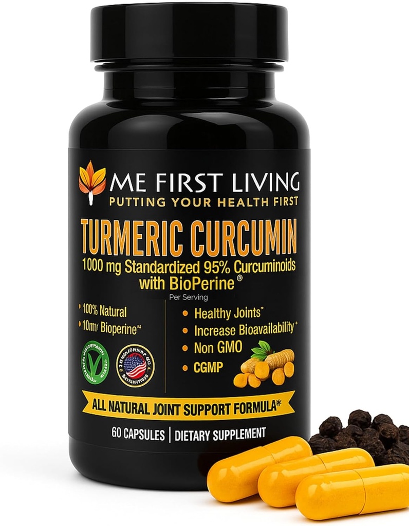 Me First Living Turmeric Curcumin 1000 mg 95% Κουρκουμινοειδή, Bioperine 10 mg, 19x More Poent Than Others, Αυξημένη Απορρόφηση, Μη ΓΤΟ, Οργανικός Κουρκουμινοειδής, Vegan, Χωρίς Γλουτένη, 60 Κάψουλες