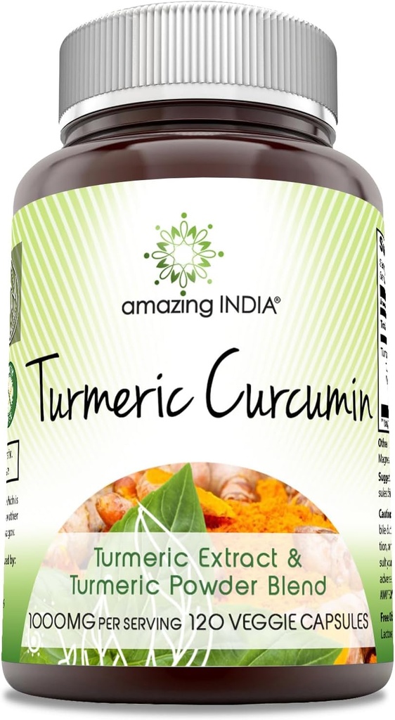 Amazing India Turmeric Curcumin 1000 Mg per Serving | 120 Veggie Capsules Supplement | Blend of Turmeric Powder & Turmeric Extract | Non-GMO | Gluten Free | Made in USA