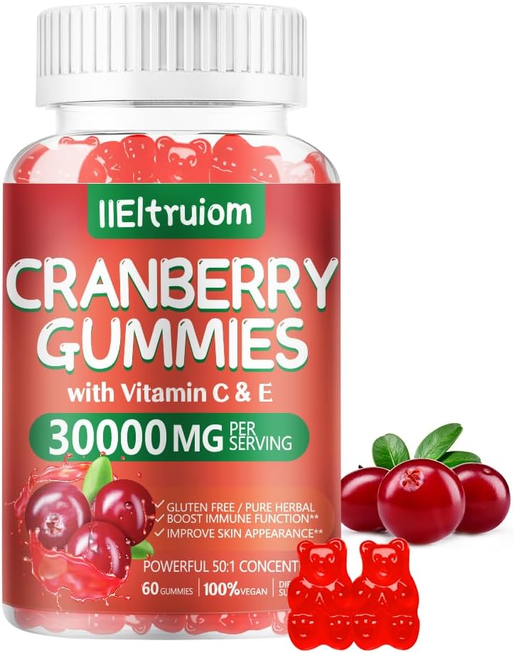 Cranberry Gummies Urinary Tract Health for Women & Men, 50X Concentrate Extrac, Vitamin C & E, Cranberry Gummies for Women with Hibiscus to Support Immune, 60 Counts