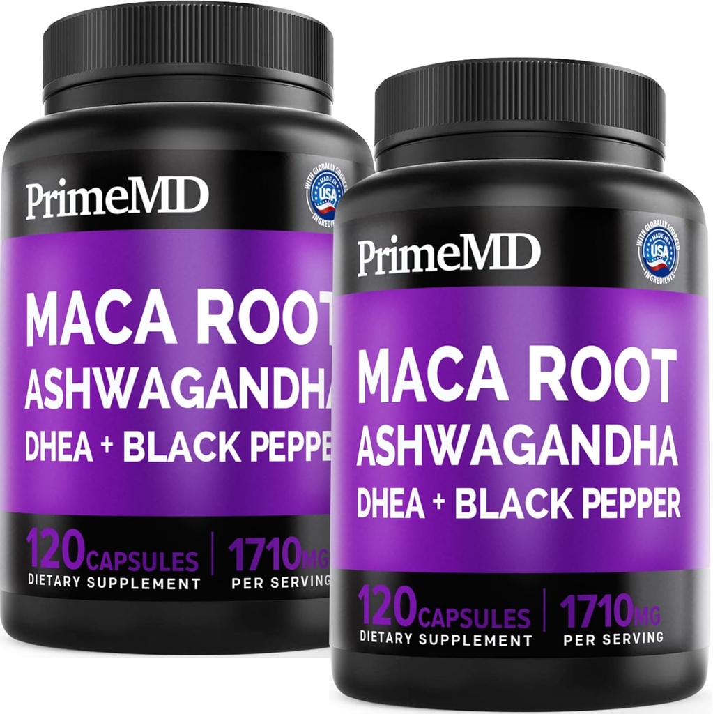 6-σε-1 Βιολογικές κάψουλες ρίζας Maca Ashwagandha 1710mg με εκχύλισμα φρούτων DHEA και Black Pepper για γυναίκες και άνδρες - Συμπλήρωμα μαύρου Maca για το συμπλήρωμα υποστήριξης Stamina, οστών και διάθεσης, 120ct (πακέτο του 2)
