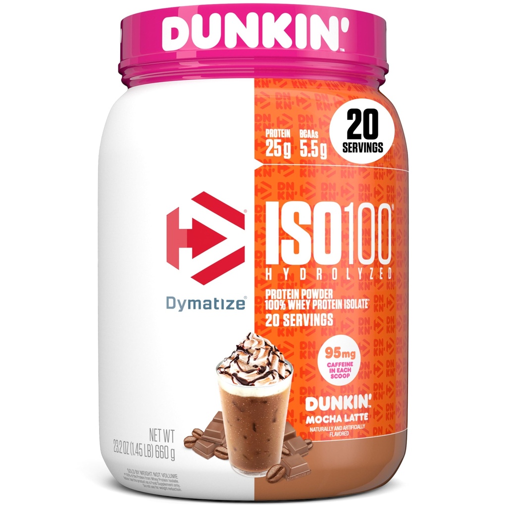 Dymatize x Dunkin' Mocha Latte ISO100 Whey Protein Powder, 95mg Caffeine, 25g πρωτεΐνης, 5.5g BCAAs, 120 Cal., Χωρίς γλουτένη, 1g λίπος, 1g ζάχαρη, 3g υδατάνθρακες (20 σερβίτσια)