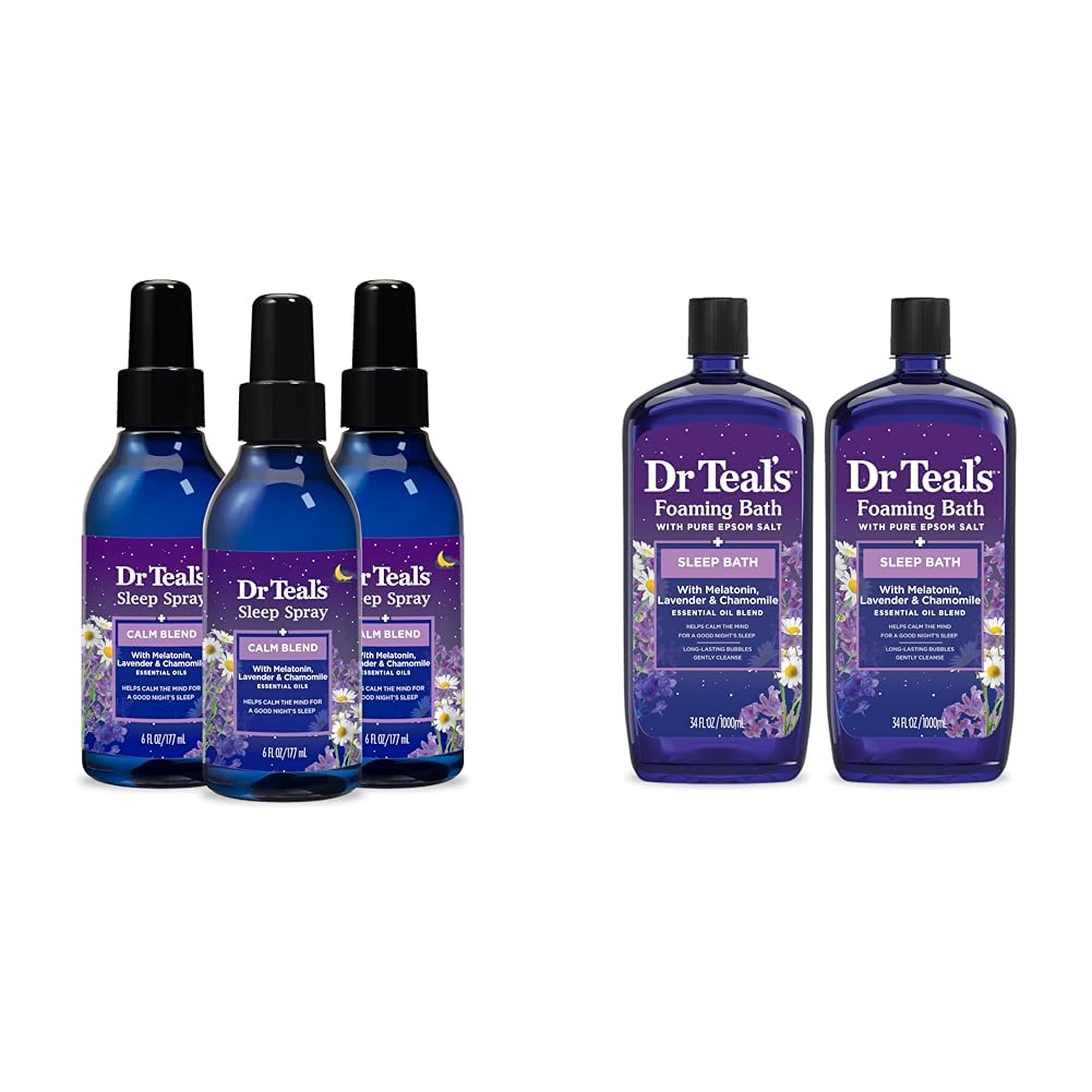 Δρ Teal's Sleep Spray με μελατονίνη & αιθέριο έλαιο Blend, 6 fl oz & Αφρώδες μπάνιο με καθαρό αλάτι Epsom, Sleep Blend με μελατονίνη, Λεβάντα & Χαμομήλι αιθέρια έλαια, 34 fl oz