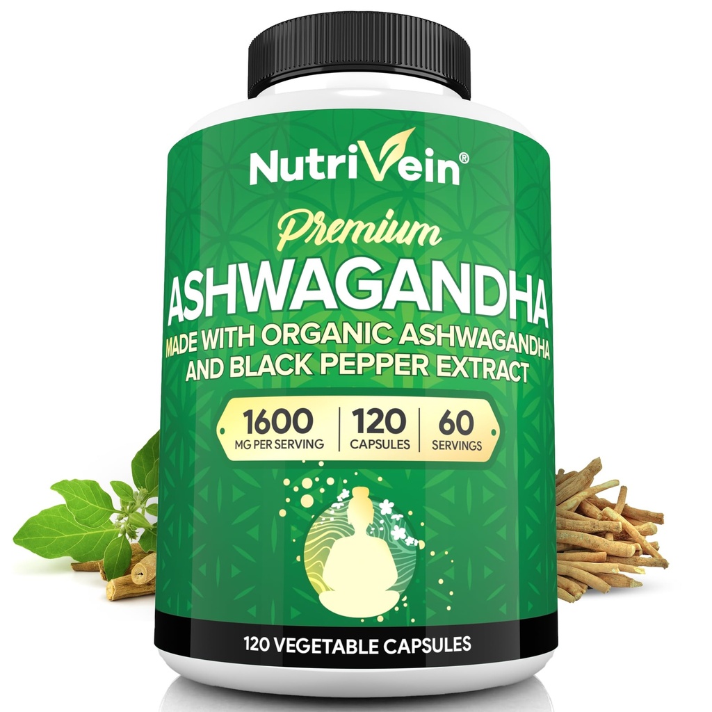Nutrivein Ashwagandha για άνδρες και γυναίκες - 1600mg - Ενισχυμένο με μαύρο πιπέρι - Υψηλής απορρόφησης Root Powder Ashwagandha Συμπληρώματα για ισορροπία Mood, ξεκούραστο ύπνο, & Focus - 120 Vegan Κάψουλες