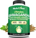 Nutrivein Ashwagandha for Men & Women - 1600mg - Enhanced with Black Pepper - High-Absorption Root Powder Ashwagandha Supplements for Mood Balance, Restful Sleep, & Focus - 120 Vegan Capsules
