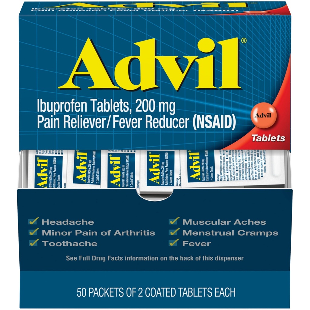 Advil Pain Reliever και Fever Reducer, Παυσίπονο Relief Medicine με Ibuprofen 200mg για τον πονοκέφαλο, τον πόνο στην πλάτη, τον πόνο στην εμμηνόπαυση και την ανακούφιση από τον πόνο - 50x2 Επικαλυμμένα δισκία