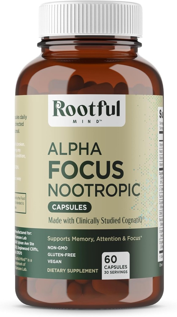 Alpha Focus Nootropic - Memory and Focus Brain Booster Supplement with Choline, Citicoline, GPC, L-Tyrosine, Bacopa Monnieri, DMAE, Gingko Biloba, Lion's Mane, Niacinamide - 60 Κάψουλες
