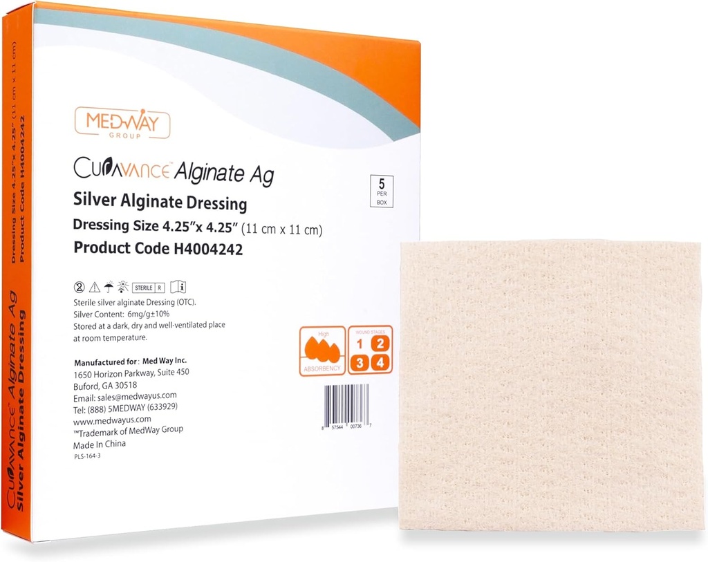 MedVance MedHeal Silver Calcium Alginate Ag Sterile Highly Absorbent Dressing, (4.25" x 4.25") 5 dressings/Box, 5 Count (Pack of 1)