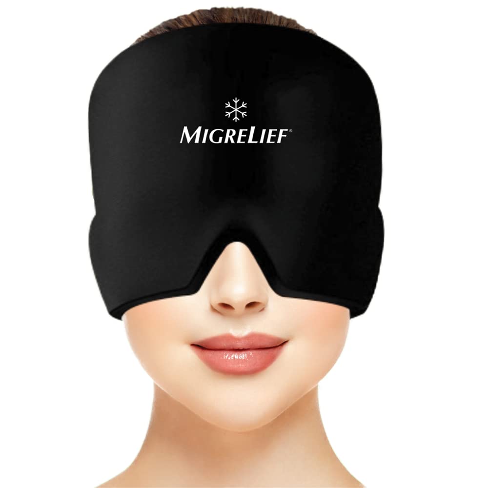 Migrelief Ημικρανία Relief Cap - Ice Cap για Ημικρανίες και Πονοκεφάλους με 360 μοίρες Κεφαλή και Μάτια Κάλυψη - Ψυχρή Θεραπεία Κεφαλαλγία Καπέλο και Ημικρανία Μάσκα για Φυσικό Πόνος Ανακούφιση - Ένα μέγεθος, Μαύρο