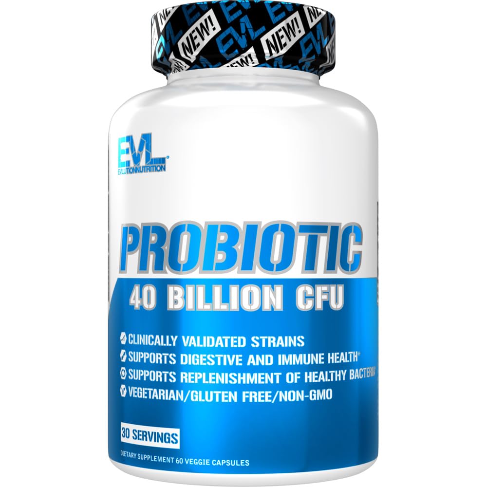 Evlution Nutrition Probiotic - 40 Billion CFU - Υποστηρίζει Digestive + Ανοσολογική Υγεία - Προβιοτικό συμπλήρωμα για άνδρες & γυναίκες - Χορτοφαγικά, Χωρίς Γλουτένη & Μη-ΓΤΟ - 30 Υπηρεσίες - 60 κάψουλες λαχανικά