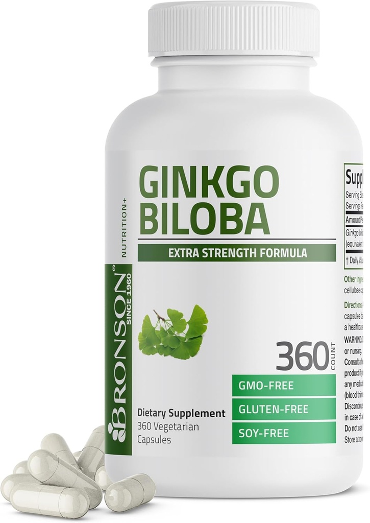 Bronson Ginkgo Biloba επιπλέον δύναμη υποστηρίζει τη λειτουργία του εγκεφάλου και την υποστήριξη μνήμης, 360 κάψουλες χορτοφάγων