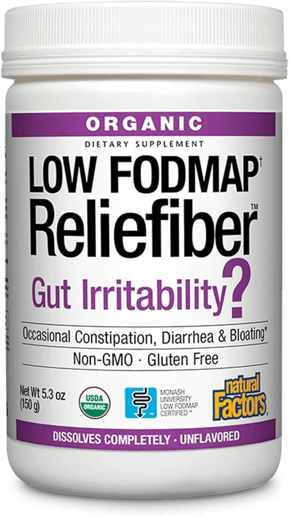 Φυσικοί παράγοντες Οργανική χαμηλή FODMAP Reliefiber σκόνη - Digestive Health support συμπλήρωμα με διαιτητική & διαλυτή Fiber - Gut Health support Aids Ήπια Bloating - Χωρίς γεύση, 150 g (30 υπηρεσίες)