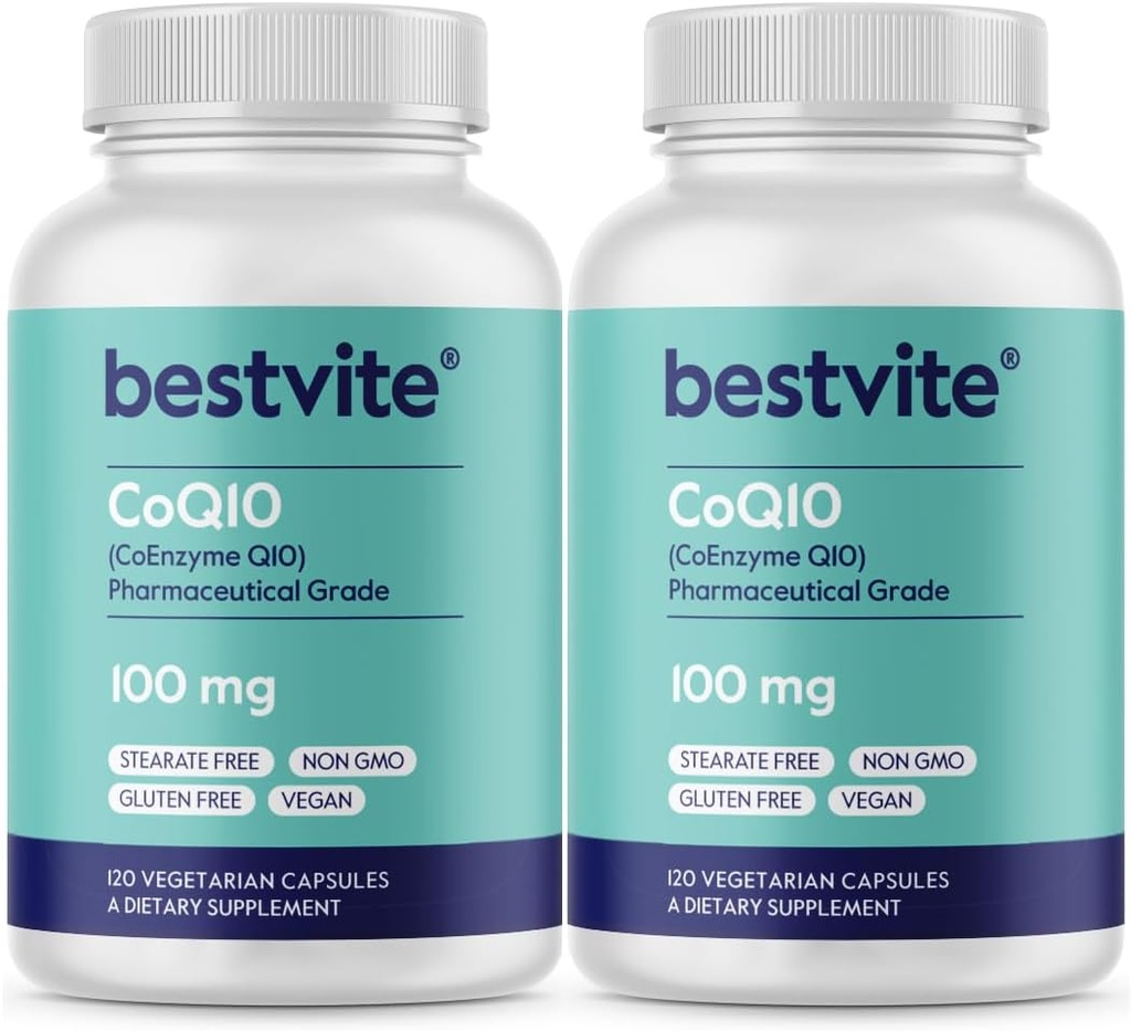 BESTVITE Coenzyme CoQ10 100mg (240 κάψουλες χορτοφάγων) (2-πακέτο) Φυσικά ζυμωμένο - Δεν Stearates - Χωρίς πληρωτικά - Vegan - Μη ΓΤΟ - Χωρίς γλουτένη