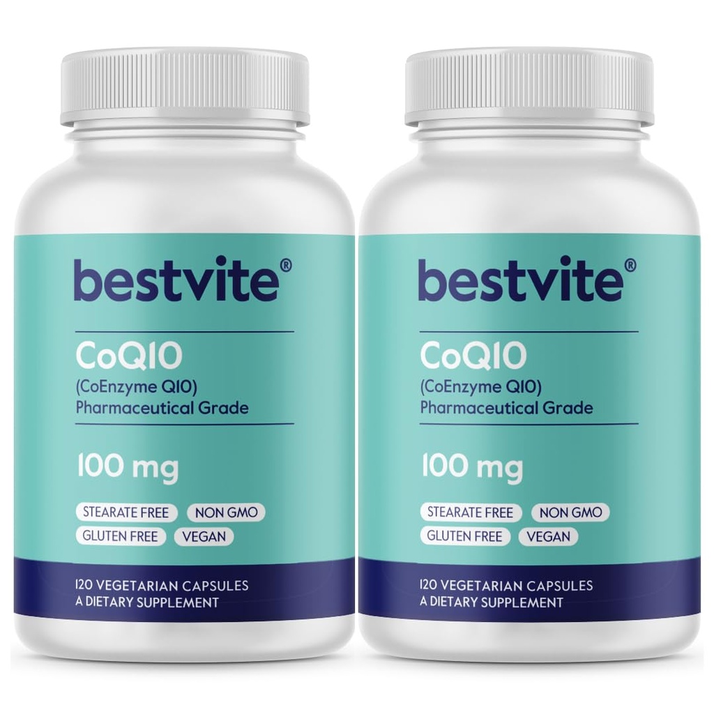 BESTVITE Coenzyme CoQ10 100mg (240 κάψουλες χορτοφάγων) (2-πακέτο) Φυσικά ζυμωμένο - Δεν Stearates - Χωρίς πληρωτικά - Vegan - Μη ΓΤΟ - Χωρίς γλουτένη