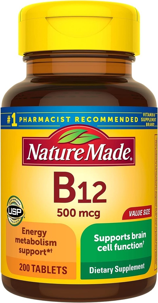 Nature Made Vitamin B12 500 mcg, Συμπλήρωμα διατροφής για την υποστήριξη του μεταβολισμού ενέργειας, 200 δισκία, 200 ημερήσια προσφορά