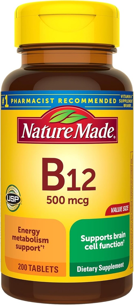 Nature Made Vitamin B12 500 mcg, Συμπλήρωμα διατροφής για την υποστήριξη του μεταβολισμού ενέργειας, 200 δισκία, 200 ημερήσια προσφορά
