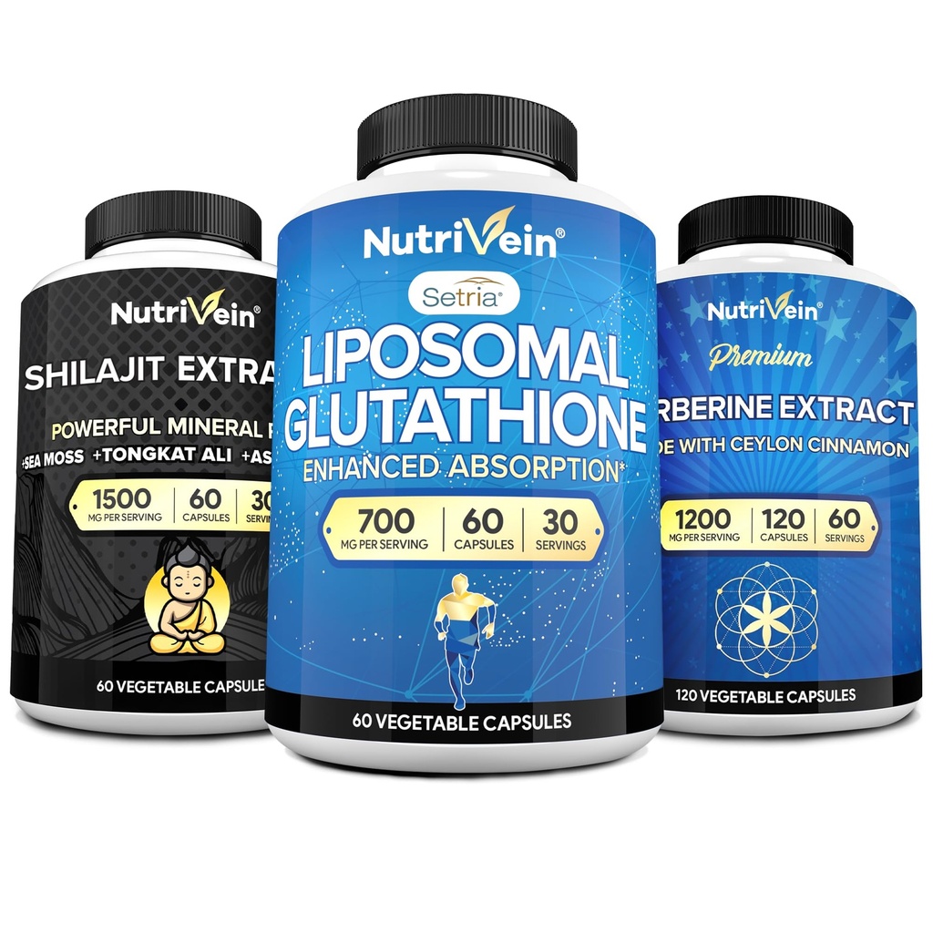 Nutrivein Premium Shilajit Κάψουλες, Liposomal Glutathionone Συμπλήρωμα, & Berberine Συμπλήρωμα Bundle: Βερβερίνη, Glutathione, & Shilajit Κάψουλες για άνδρες και γυναίκες - Μεταβολισμός, Ζωτικότητα, & Ισορροπία