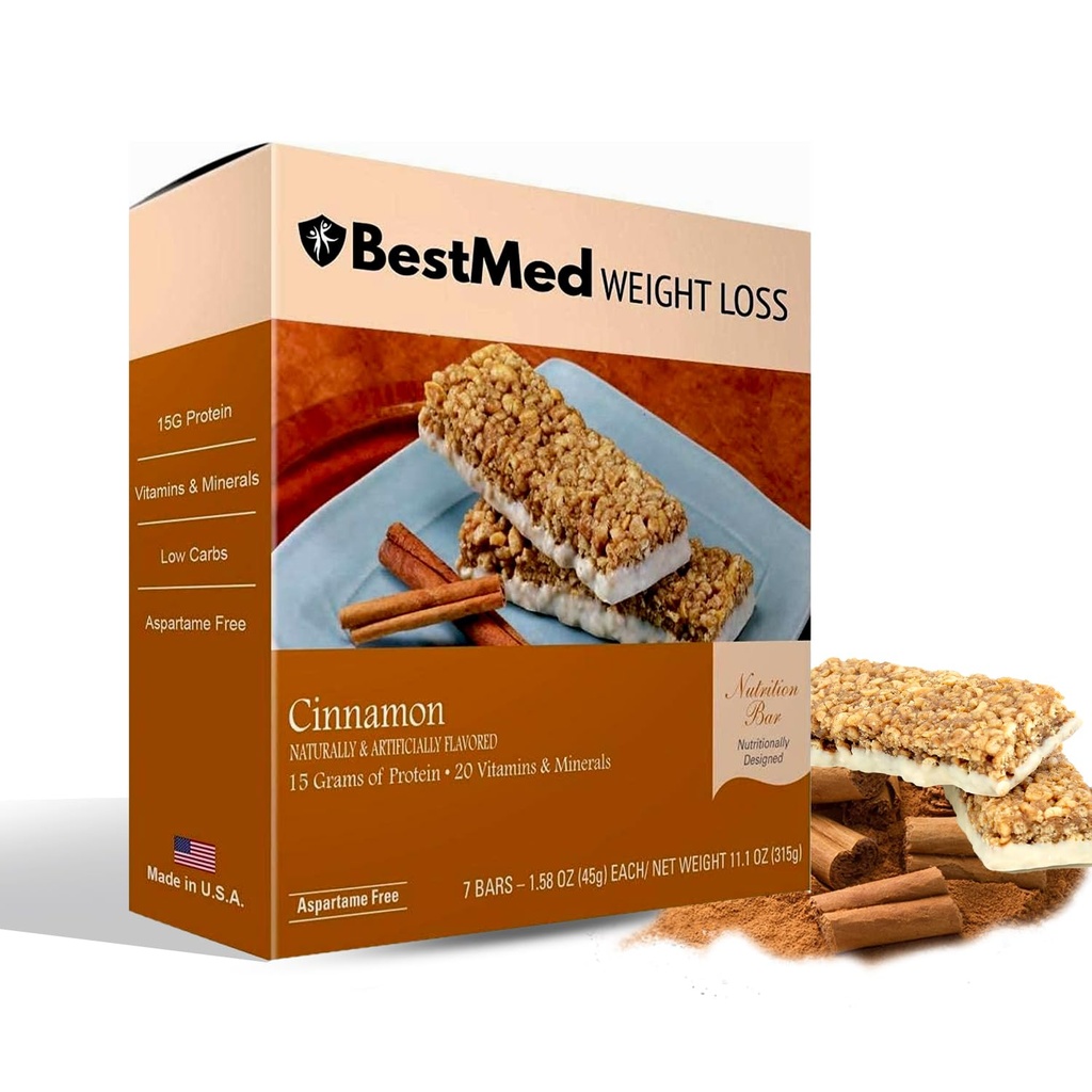 BestMed - Υψηλή Γραμμή Διατροφής Πρωτεΐνης - Χαμηλή Καρβίδα, 15g Πρωτεΐνη, Χαμηλή Ζάχαρη, Χαμηλή Θερμίδα, Γεύματα Αντικατάστασης (Κίναμον, 1 Πλαίσιο - 7 Μέτρα)