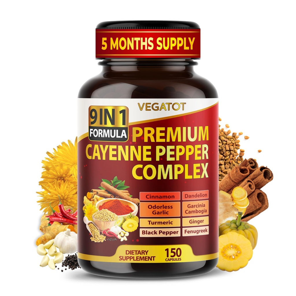 Organic Cayenne Pepper 9IN1 Complex with Cinnamon, Ginger, Turmeric for Συνολική Υγεία, ανοσοποιητικό σύστημα, Digestion Wellness (150 Count (Pack of 1))