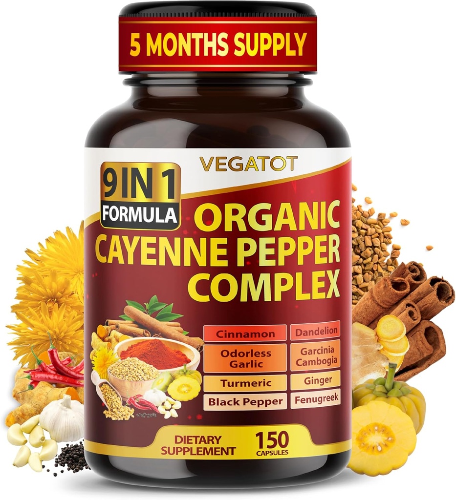 Organic Cayenne Pepper 9IN1 Complex with Cinnamon, Ginger, Turmeric for Συνολική Υγεία, ανοσοποιητικό σύστημα, Digestion Wellness (150 Count (Pack of 1))
