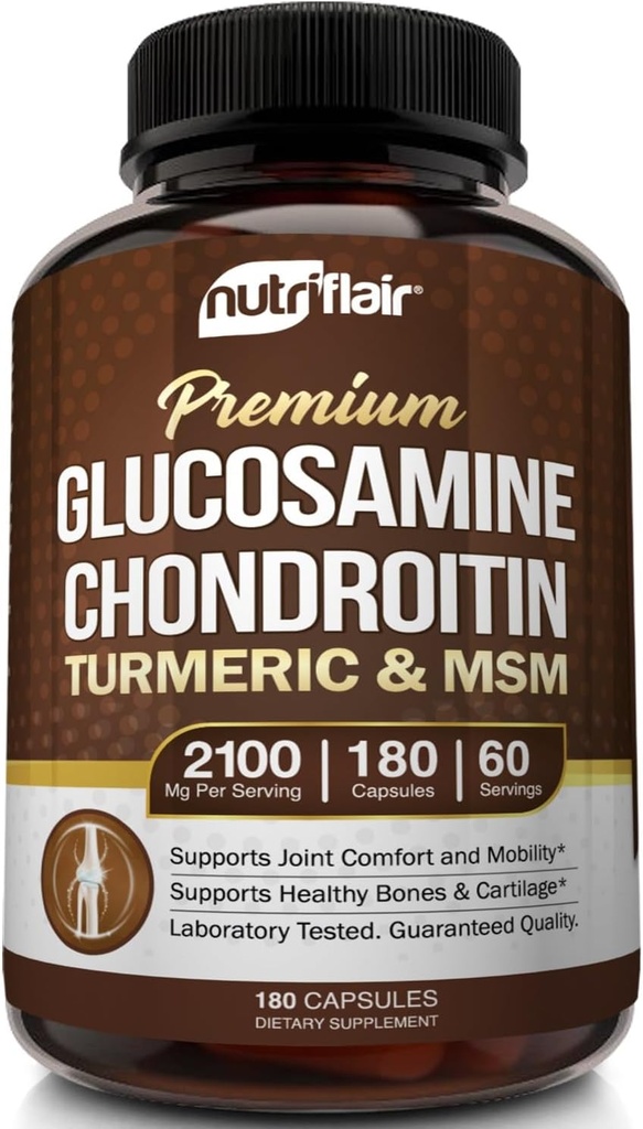 NutriFlair Glucosamine Chondroitin Turmeric MSM Boswellia, 180 κάψουλες - Κοινό συμπλήρωμα άνεσης - Φυσικό & μη GMO - Αντιοξειδωτικά χάπια - Υποστηρίζει την πλάτη, γόνατα, χέρια, αρθρώσεις, Cartilage
