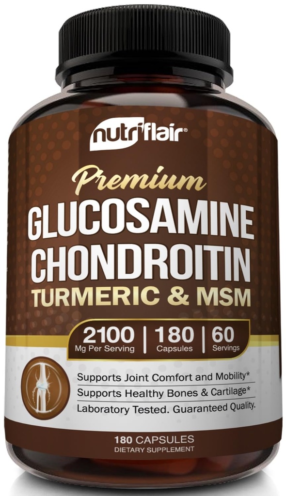 NutriFlair Glucosamine Chondroitin Turmeric MSM Boswellia, 180 Capsules | Bromelain Quercetin, Joint Comfort Formula, Non-GMO, Made in USA