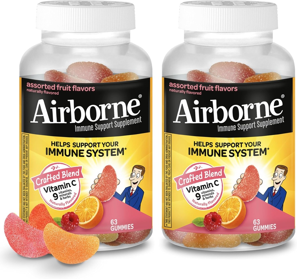 Airborne 750mg Βιταμίνη C Gummies για ενήλικες, Gummies Ανοσοποιητική Υποστήριξη με Ισχυρό Αντιοξειδωτικά VIT C & E, Καφεΐνη Δωρεάν - 2x63ct Μπουκάλι (42 Σερβίρει), Ποικιλόμορφη Γεύση Φρούτων