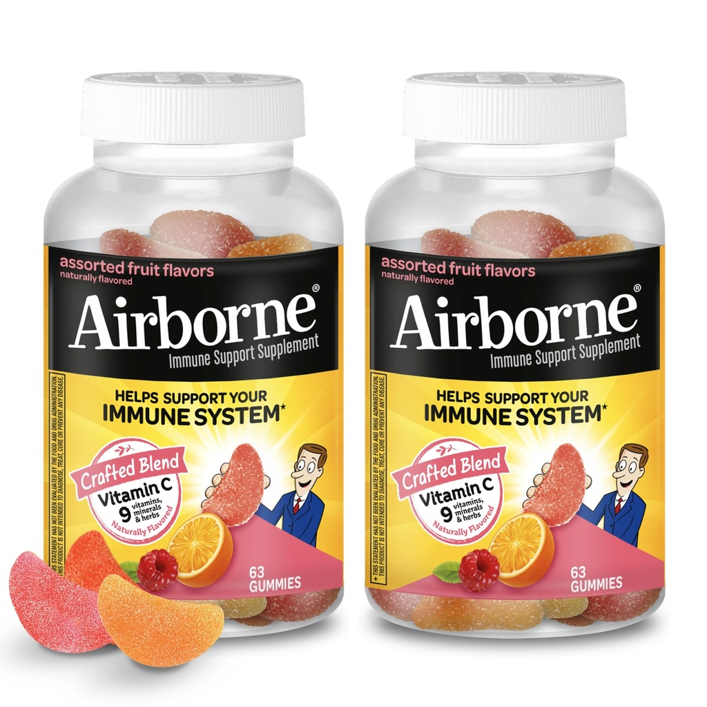 Airborne 750mg Βιταμίνη C Gummies για ενήλικες, Gummies Ανοσοποιητική Υποστήριξη με Ισχυρό Αντιοξειδωτικά VIT C & E, Καφεΐνη Δωρεάν - 2x63ct Μπουκάλι (42 Σερβίρει), Ποικιλόμορφη Γεύση Φρούτων