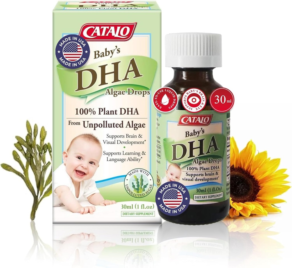 CATALO Baby’s Algae DHA DHA DHA Drops - Συμπλήρωμα Ωμέγα-3 με βάση το φυτό για βρέφη - Χωρίς ιχθυέλαιο, χωρίς τεχνητές πρόσθετες ύλες - Easy-to-Χρήση Υγρά DHA Συμπληρώματα - 30ml (1 fl oz)