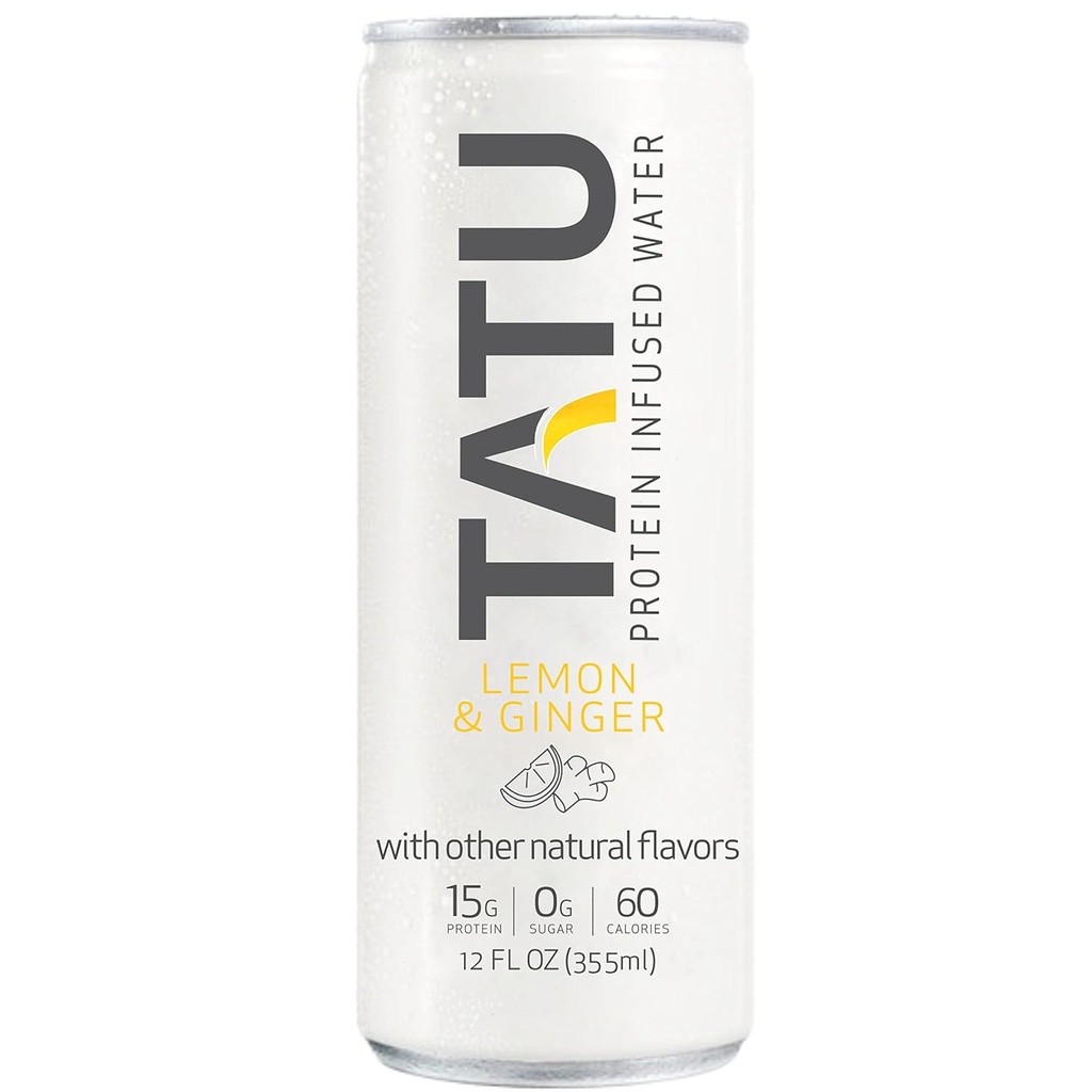 TATU Ready-To-Drink Protein Infused Water Lemon Ginger 24 Pack. 15 grams of whey protein isolate, 0 grams of sugar, only 60 calories. Lemon Ginger and Orange Mango. Gluten Free, lactose free.