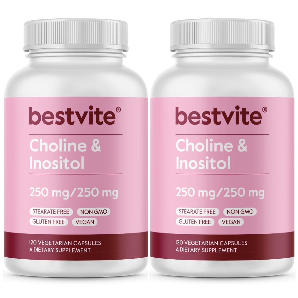 BESTVITE Choline Inositol 500mg (240 κάψουλες χορτοφαγικής) (120 x 2) - Χωρίς Stearates - Όχι Dicalcium Phosphate - Χωρίς πληρωτικά - Vegan - Μη ΓΤΟ - Χωρίς γλουτένη
